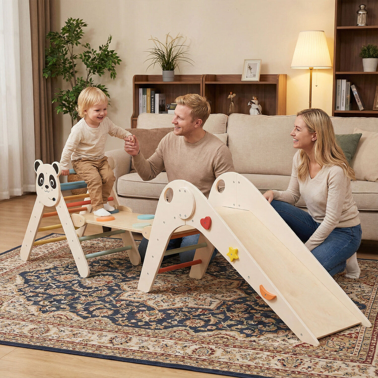 Kolmnurkne kokkupandavate laste ronimismänguasjade komplekt, panda-teemaline, puidust, Montessori ronimiskomplekt - makaron