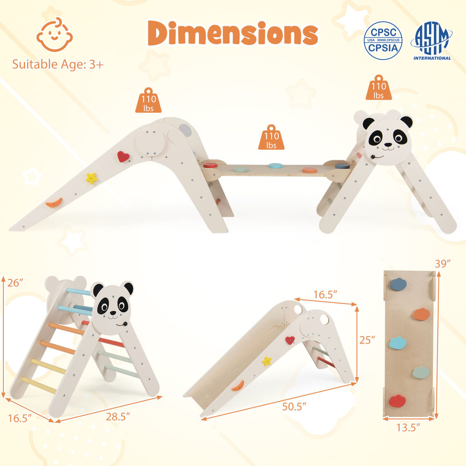 Kolmnurkne kokkupandavate laste ronimismänguasjade komplekt, panda-teemaline, puidust, Montessori ronimiskomplekt - makaron