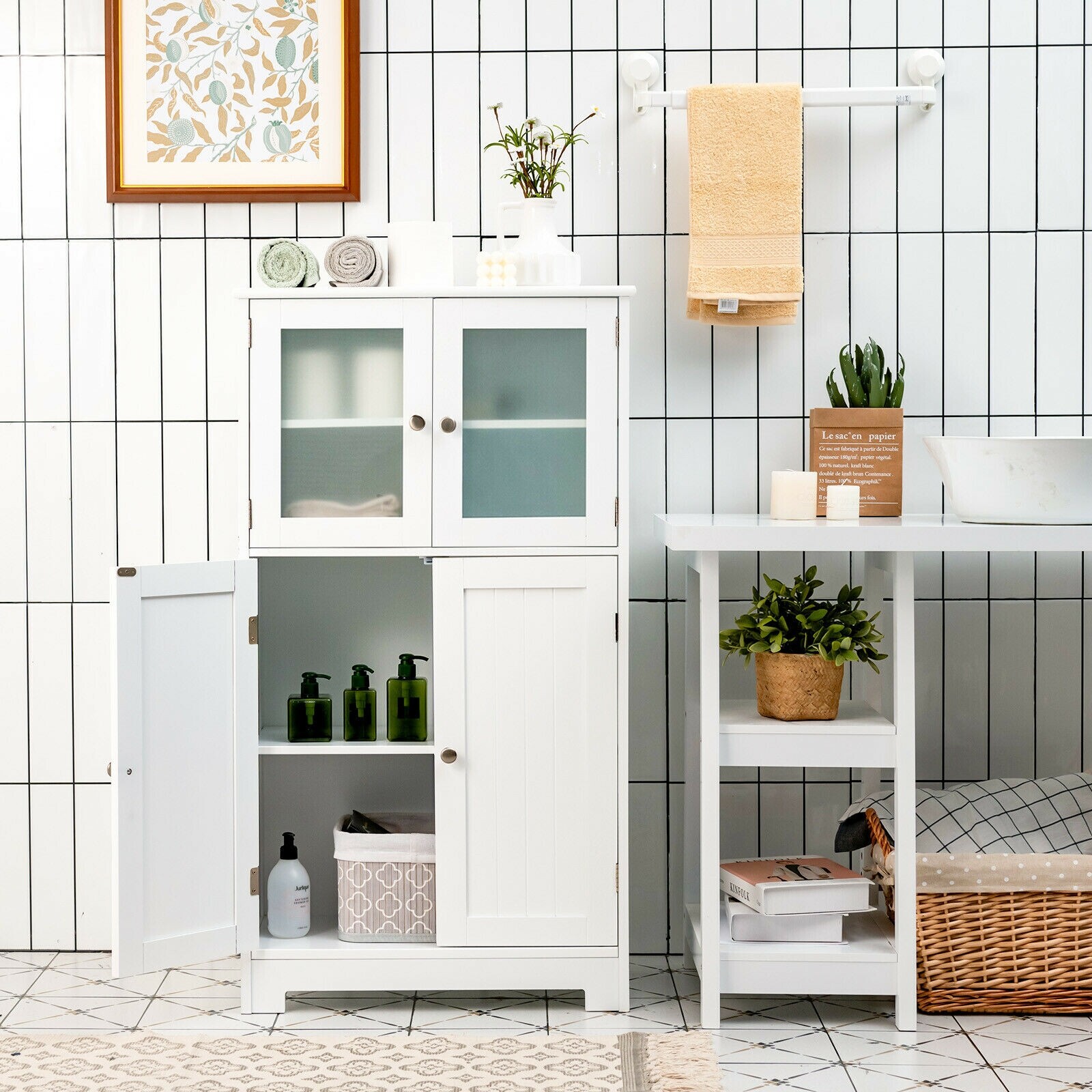 Bathroom Floor Storage Locker Kitchen Cabinet with Doors and Adjustable Shelf-White Bathroom Floor Storage Locker Kitchen Cabinet with Doors and Adjustable Shelf-White