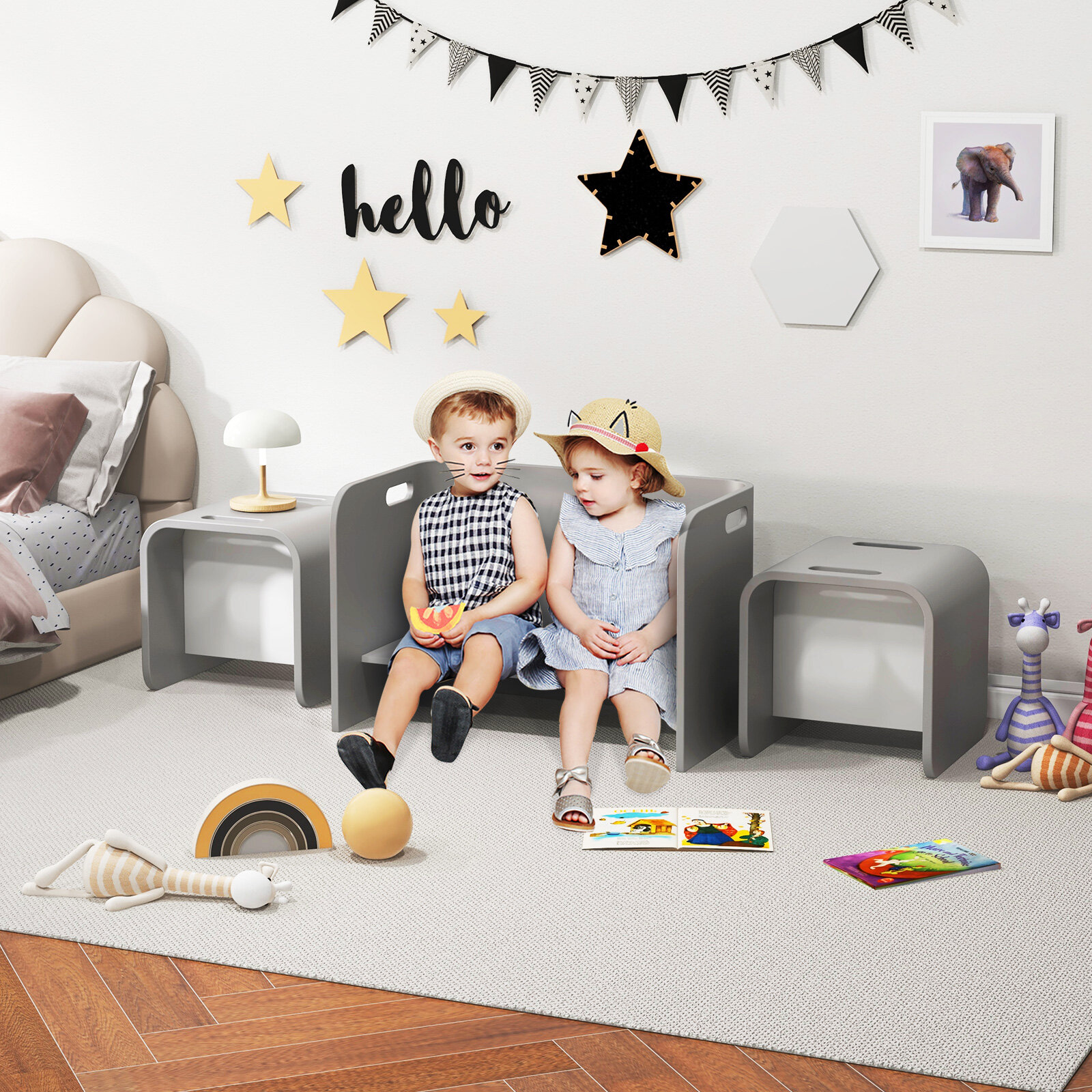 3-osaline laste puidust laua ja tooli komplekt - hall