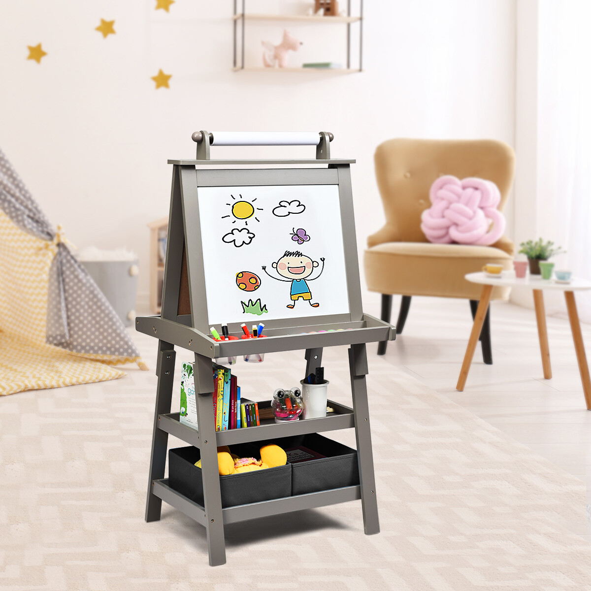 3 in 1 Double-Sided Storage Art Easel-Gray 3 in 1 Double-Sided Storage Art Easel-Gray