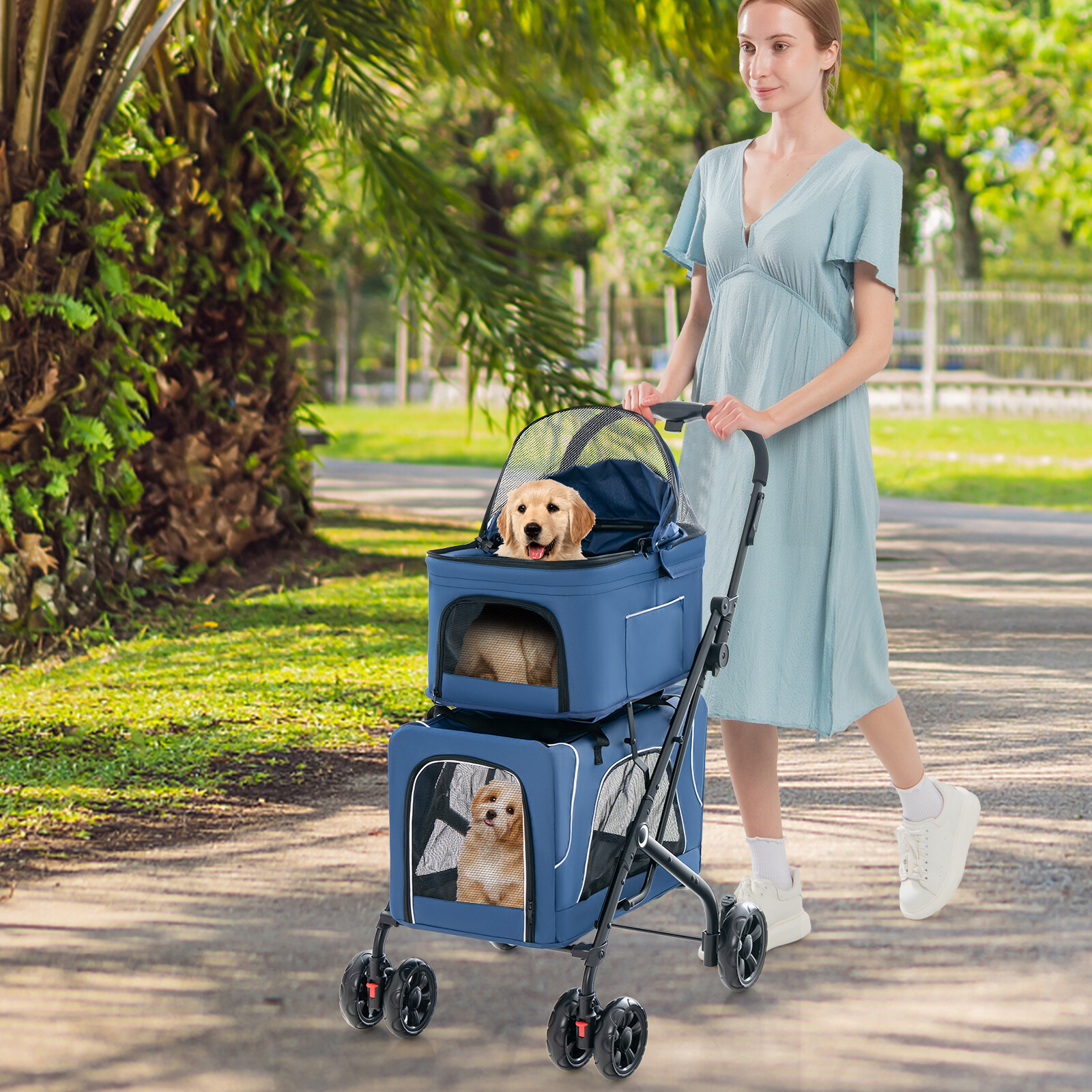 Double Pet Stroller Foldable 3-in-1 Dog Stroller with 2 Detachable Carriers-Blue Double Pet Stroller Foldable 3-in-1 Dog Stroller with 2 Detachable Carriers-Blue
