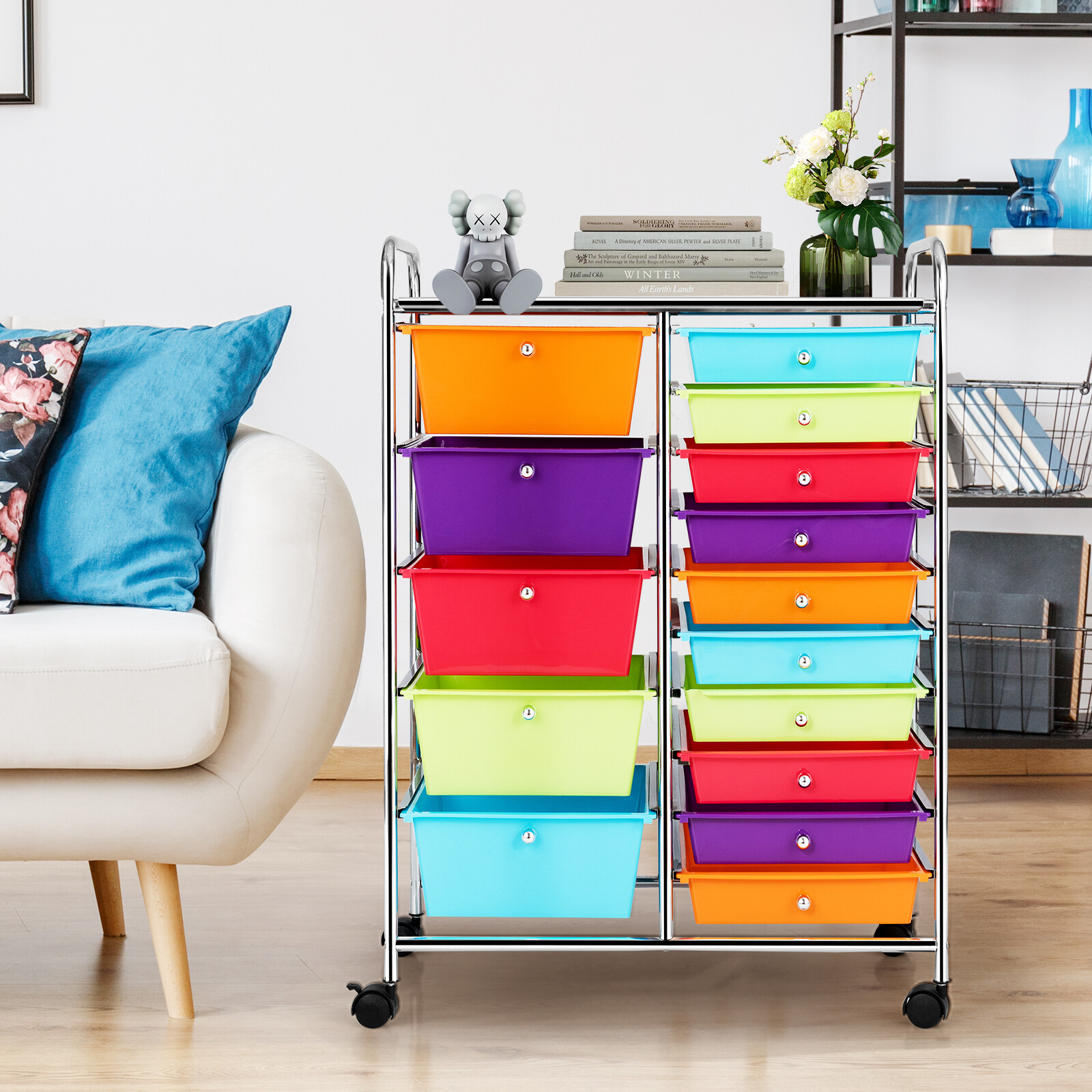 15-Drawer Utility Rolling Organizer Cart with Multi-Use Storage-Multicolor 15-Drawer Utility Rolling Organizer Cart with Multi-Use Storage-Multicolor
