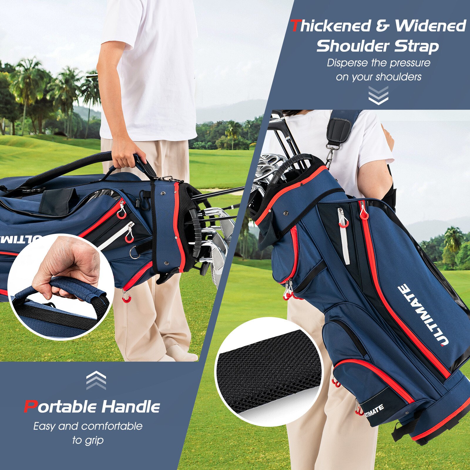 24 cm golfikärukott 14-suunaliste vaheseintega ülemise korraldajaga - tumesinine