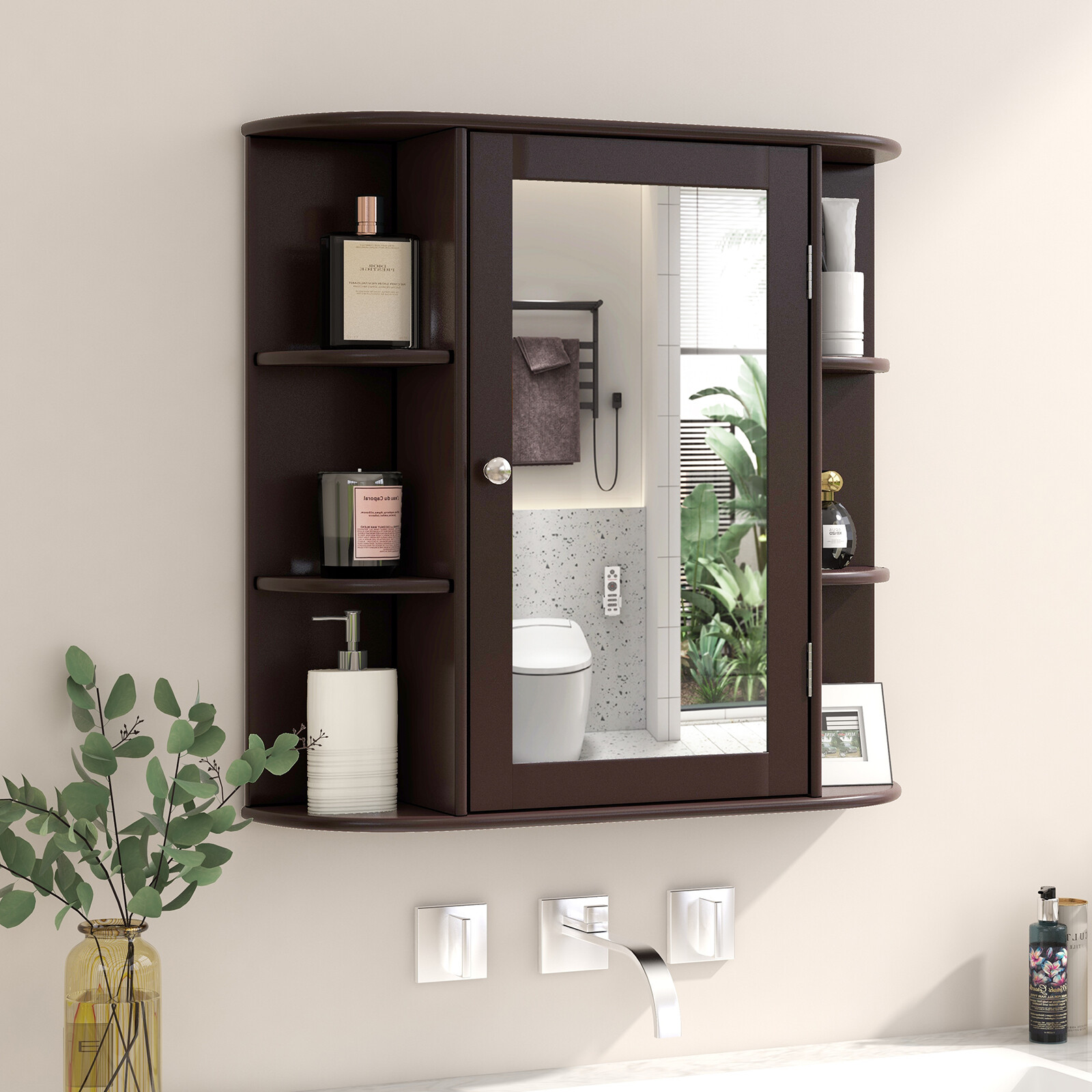Wall-Mounted Bathroom Mirror Cabinet with Storage Shelves-Brown Wall-Mounted Bathroom Mirror Cabinet with Storage Shelves-Brown