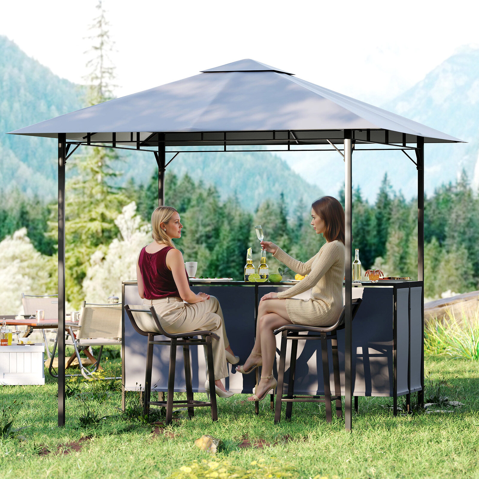 3-osaline terrassibaarikomplekt 8 x 8 jalga (2,4 x 2,4 m), kahetasandiline grillvarikatus kahe baaritooliga – hall