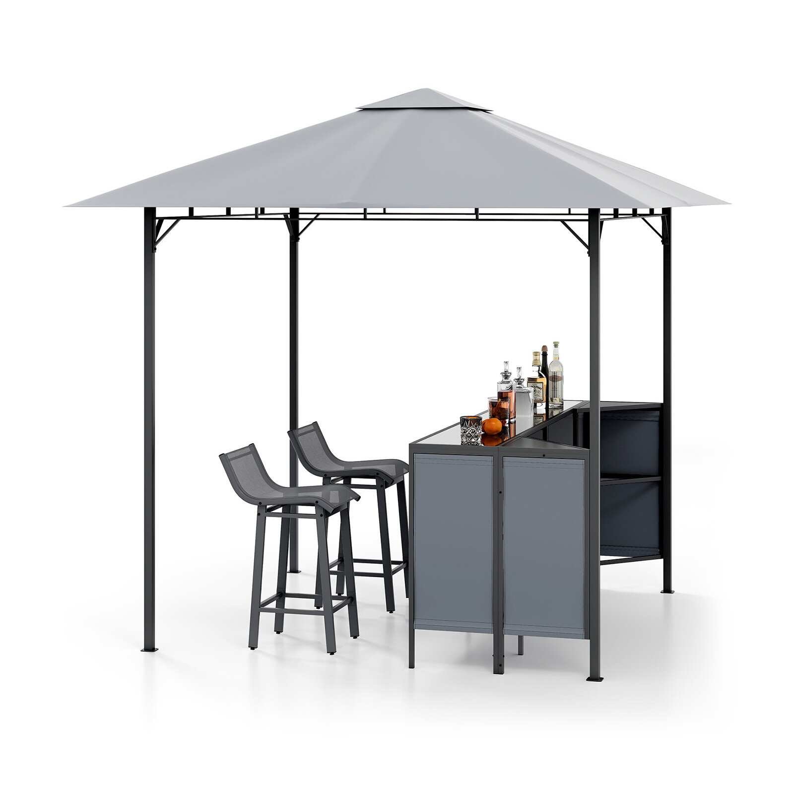 3-osaline terrassibaarikomplekt 8 x 8 jalga (2,4 x 2,4 m), kahetasandiline grillvarikatus kahe baaritooliga – hall