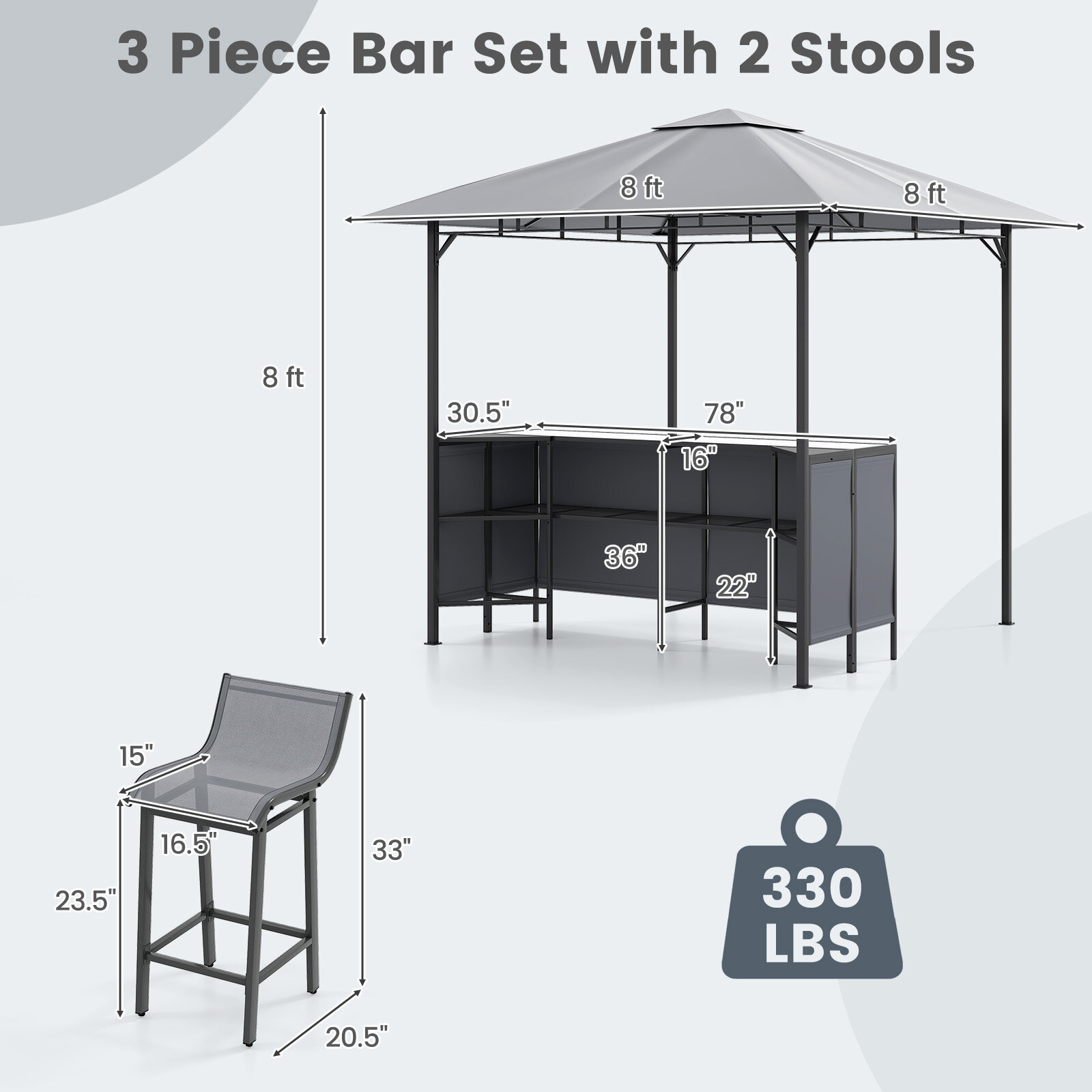 3-osaline terrassibaarikomplekt 8 x 8 jalga (2,4 x 2,4 m), kahetasandiline grillvarikatus kahe baaritooliga – hall