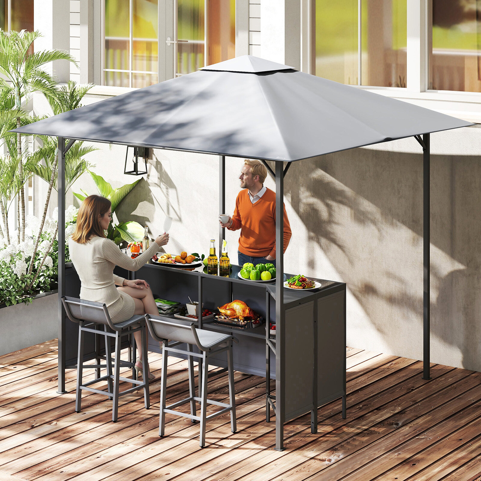 3-osaline terrassibaarikomplekt 8 x 8 jalga (2,4 x 2,4 m), kahetasandiline grillvarikatus kahe baaritooliga – hall