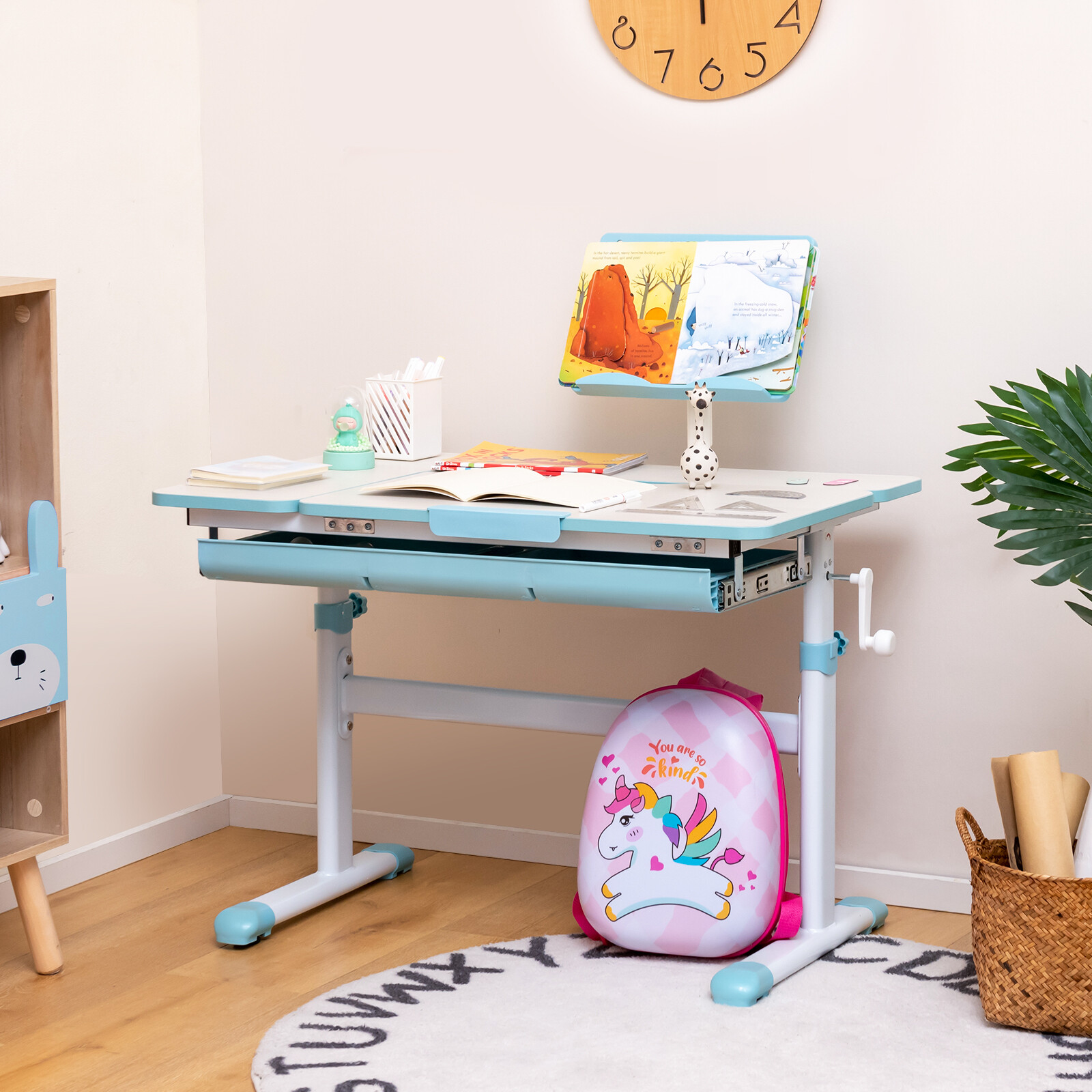 Kõrguse reguleeritav lastelaud kallutatava laualaua ja raamatualusega - sinine